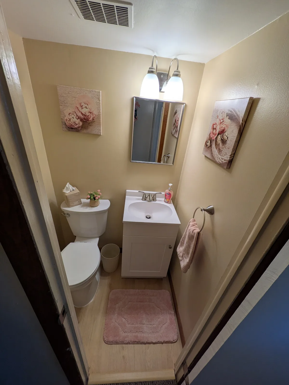 Finished powder room looking toward the vanity